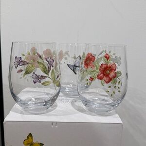 Floral and Butterfly Stemless Wine Glasses set of 3